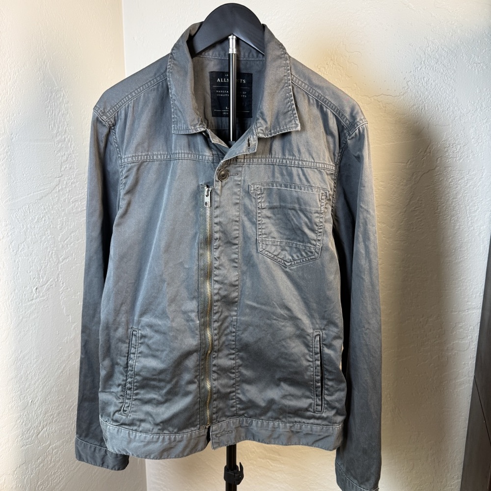 AllSaints Kicker Denim Jacket Gray Cotton Utility Zip Snap Jacket Size L